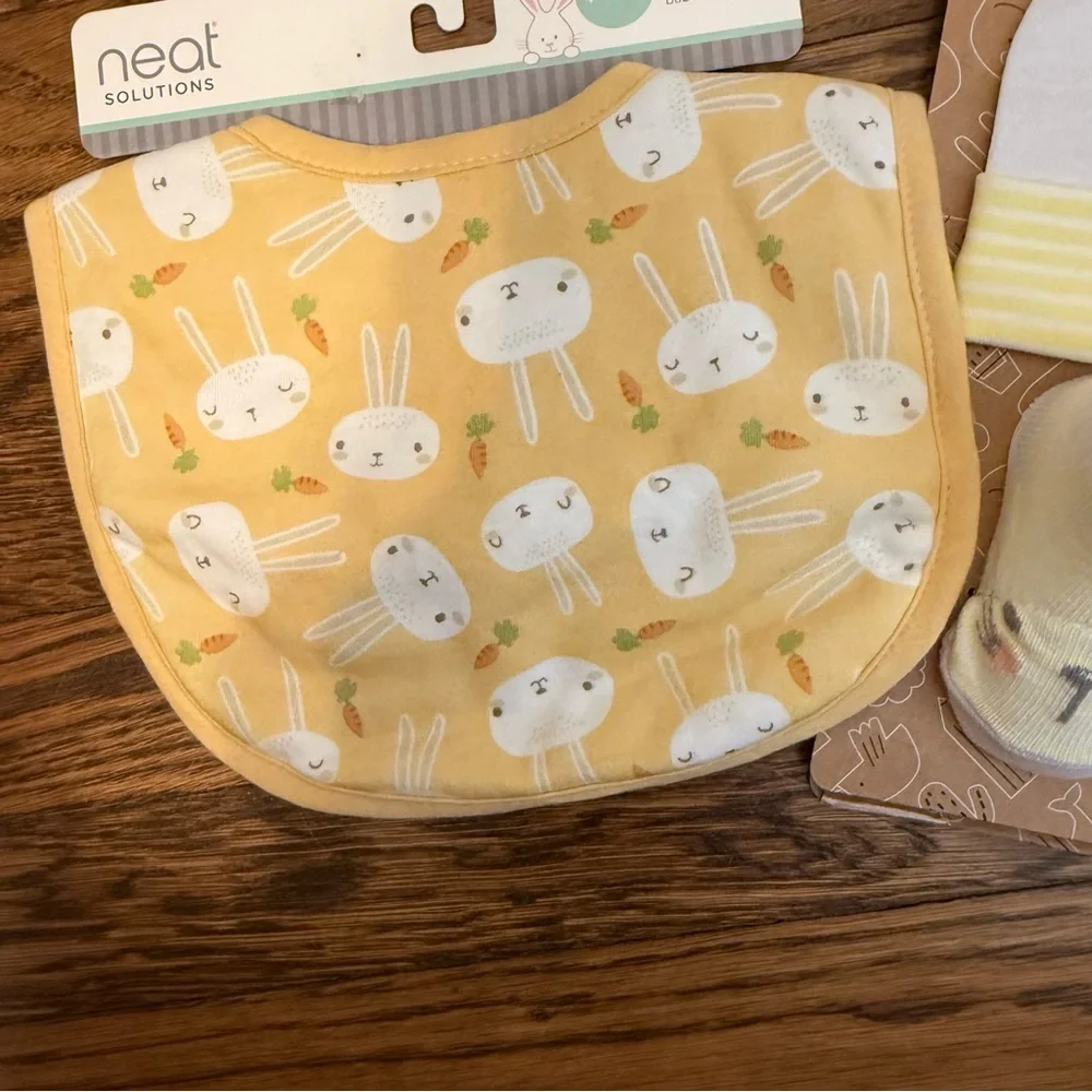 NEW! Baby Essentials & Neat Solutions Bunny Hat, Sock & Bib Set ( yellow)
